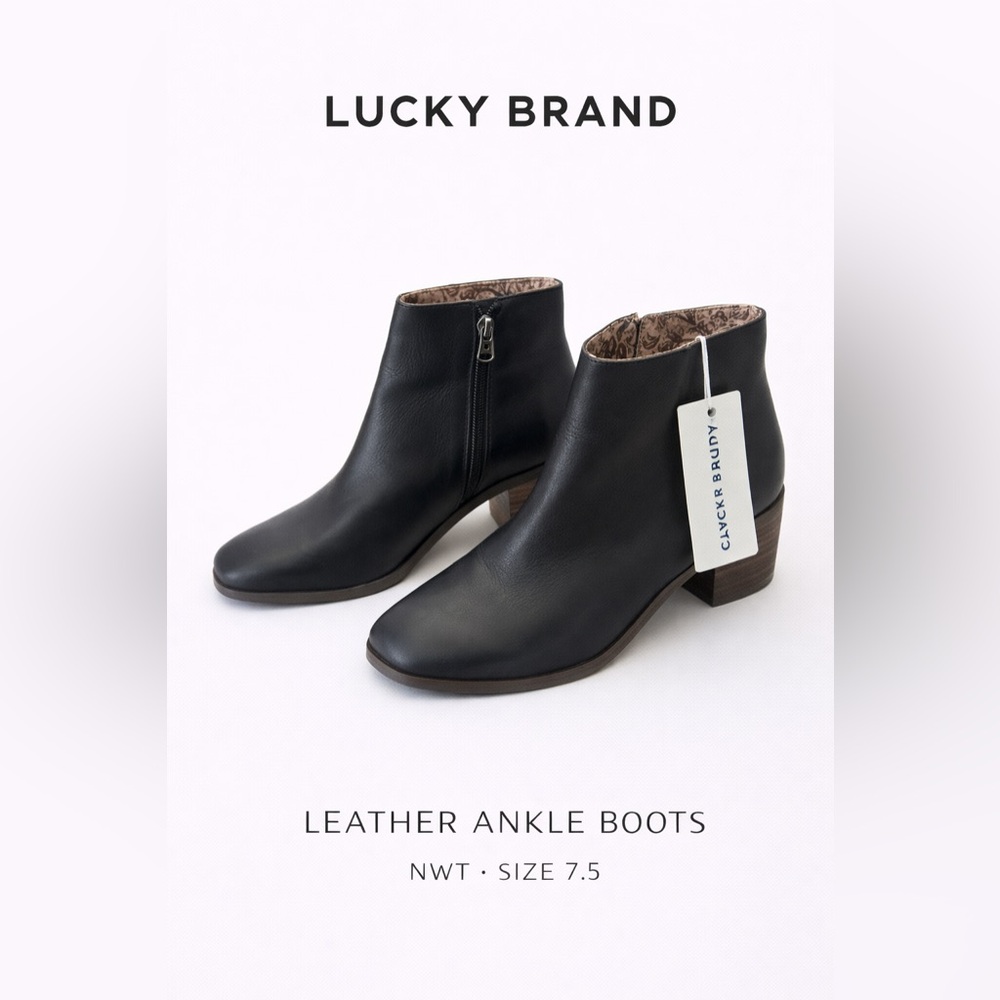 Lucky Brand "Malvelia" Black Leather Ankle Booties with Stacked Heel NWT 7.5
